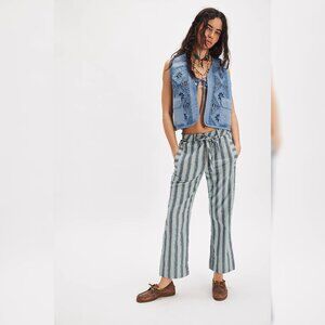Free People Marielle Pull-On Pants M 8 Women's Striped Trousers Blue Pant 44979